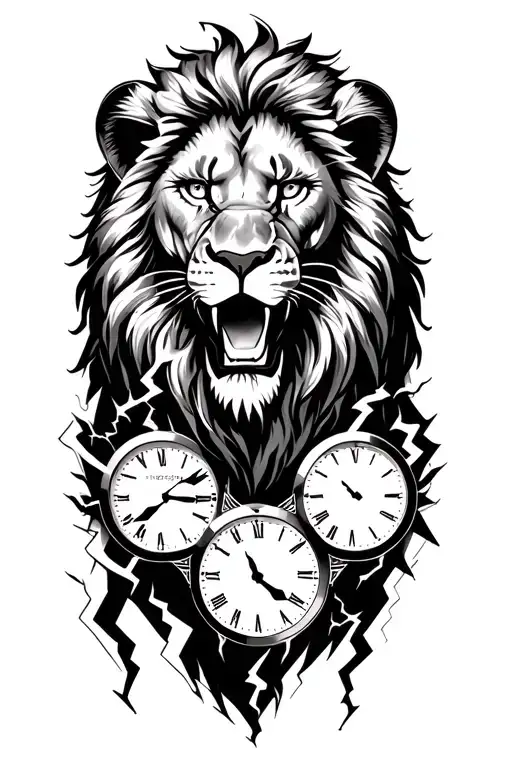 lion with 3 clocks in lightning storm tattoo design idea