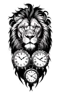 lion with 3 clocks in lightning storm tattoo design idea