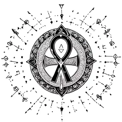 ankh background Create black and grey art of the comics, constellation with mandala background sci fi fantasy gothic hyp tattoo design idea