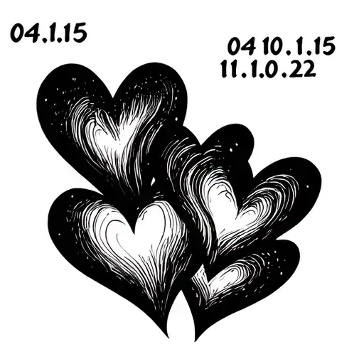 "04.10.15,04.10.15, 11.10.22" 3 line draw hearts all connected with these three dates one in each heart  tattoo design idea
