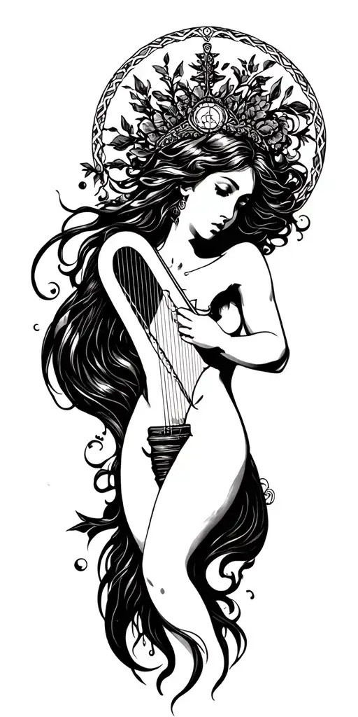 aquarius women with harp tattoo design idea