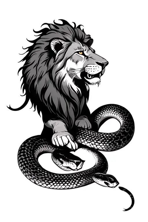 lion pinning down a snake tattoo design idea