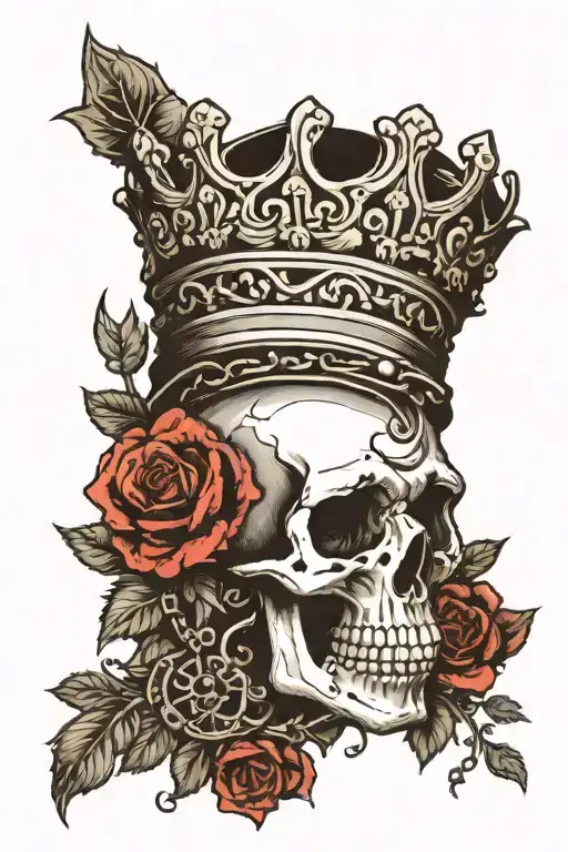 Black and white Skull Side Profile wearing a crown and chain surrounded by roses tattoo design idea