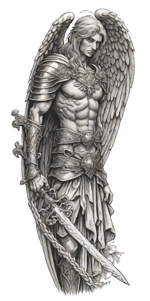archangel holding sword with cross tattoo design idea