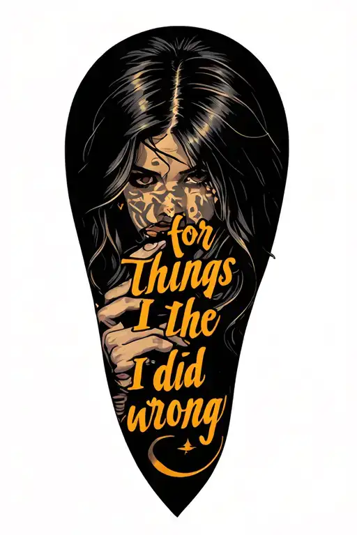 Bold text "for the things I did wrong" with the image of a girl with her hand on her mouth tattoo design idea