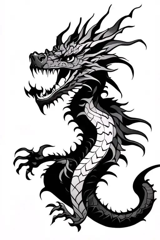 Draw me a back tattoo. On my lower back is a dragon (side profile) with its mouth agape. On my upper back is the dragons tattoo design idea