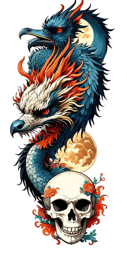 Chinese dragon and phoenix and skull and moon and raven tattoo design idea
