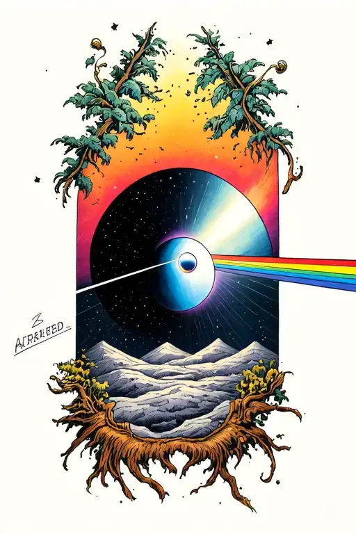 solar eclipse with pink Floyd dark side of the moon album cover in front  tattoo design idea