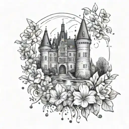 German Castle surrounded with rain and flowers at the base tattoo design idea