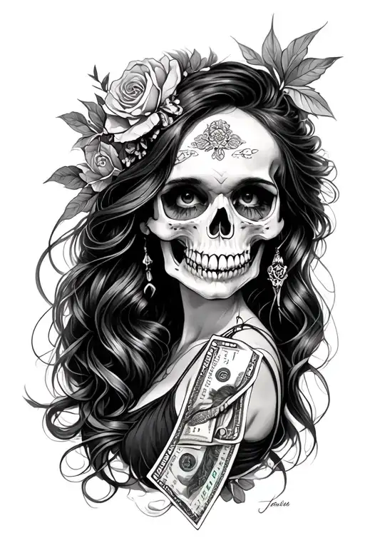 pretty girl , skull , money , Virgo tattoo design idea
