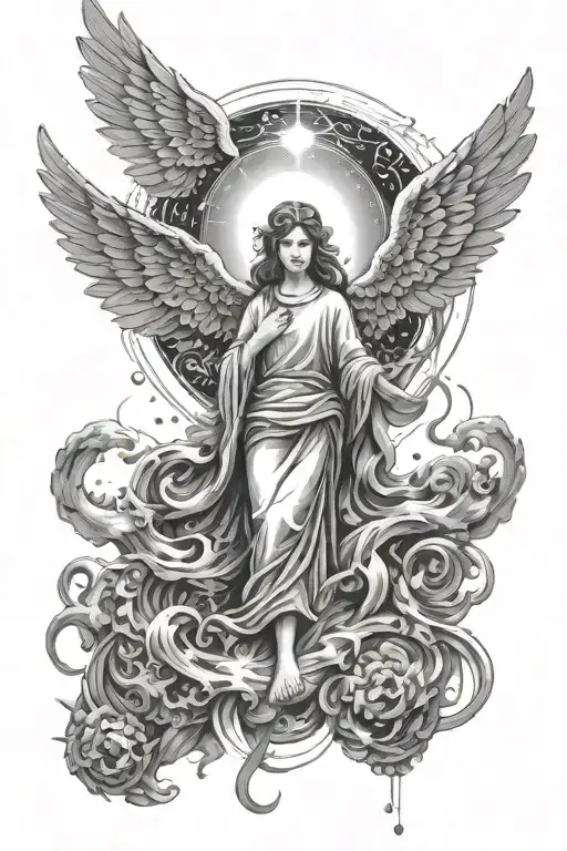 light rays shining on an angel looking at a trippy universe tattoo design idea