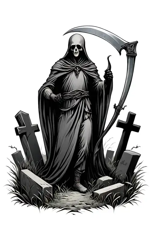 reaper holding a scythe in a graveyard tattoo design idea