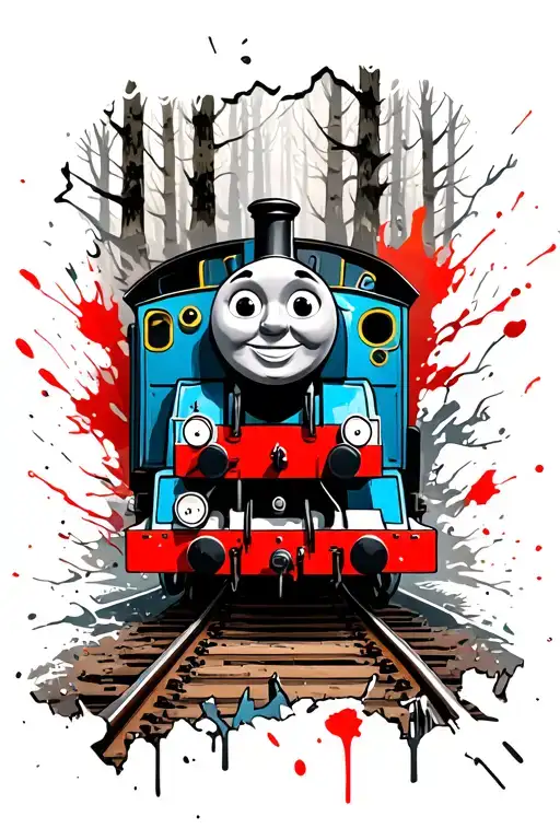 Edward and Henry, from Thomas the tank engine, traveling on rails located in a forest. An outer layer of torn skin  tattoo design idea