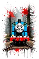 Edward and Henry, from Thomas the tank engine, traveling on rails located in a forest. An outer layer of torn skin  tattoo design idea