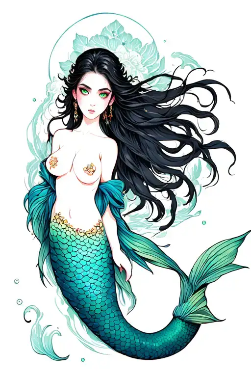 Mermaid women full body white skin tone, long dark hair, dark eye brows, green eyes.  tattoo design idea