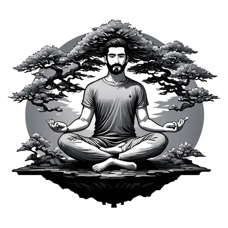 guy with short beard meditating inside bonsai tree tattoo design idea