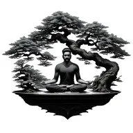 guy with short beard meditating inside bonsai tree tattoo design idea