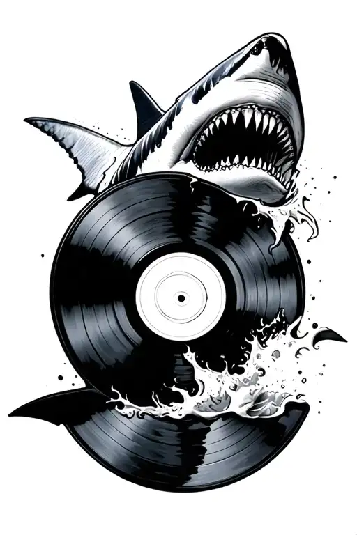 shark blackwork biting a vinyl record tattoo design idea