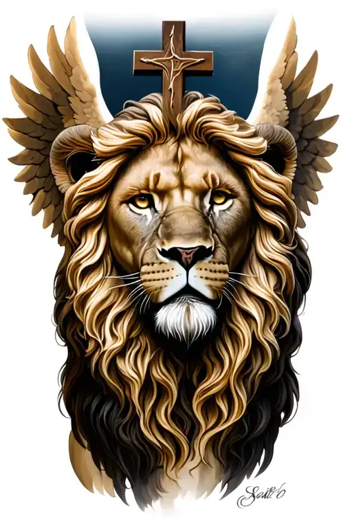 Angel and roar lion, jesus cross tattoo design idea