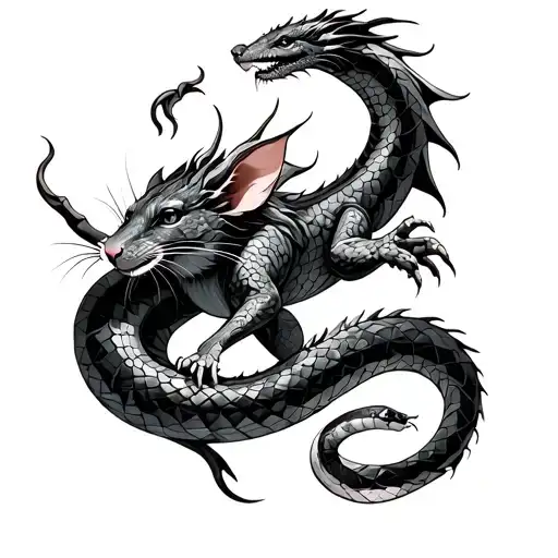 A complex Geometric Dragon and a detailed rat are protecting to a beautiful unique snake  tattoo design idea