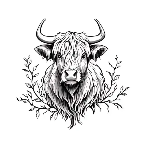 highland cow with vines tattoo design idea