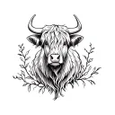 highland cow with vines tattoo design idea