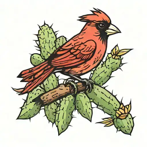 cardinal wearing a flat cap on a cactus tattoo design idea