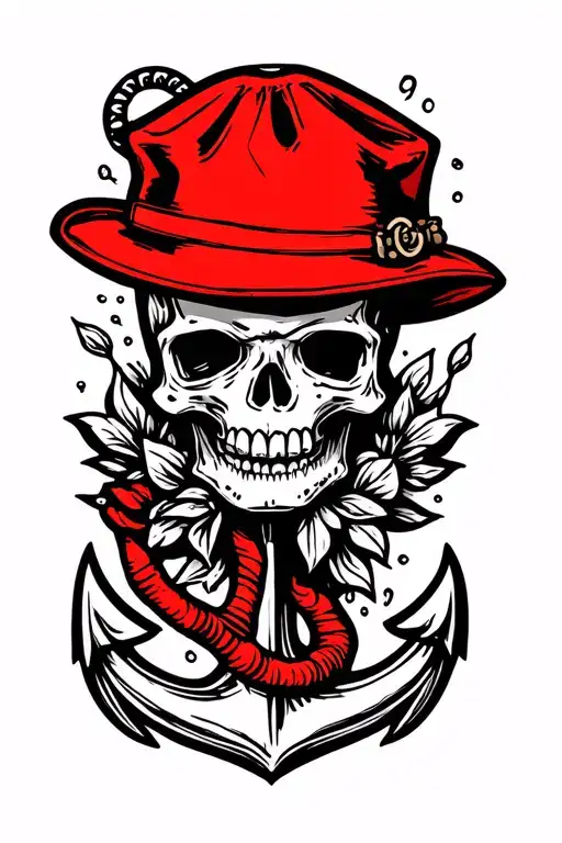 Minimalist handpoke cover-up for black tattoo above knee. Hide anchor + skull with red hat using bold lines, dotwork, an tattoo design idea