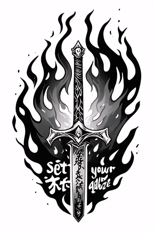 rengoku flames sword with the words "Set your heart ablaze" in japanese tattoo design idea