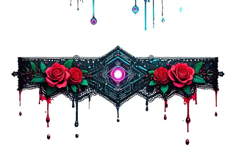 woman's lace choker dripping blood and adorned with roses and flowers  tattoo design idea