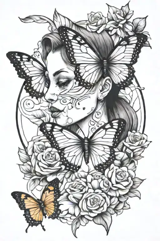 woman with prominent collarbones and a butterfly with closed wings standing on the top of her ear tattoo design idea