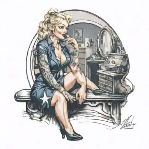 blonde navy pinup girl sitting at a vanity with a reflection in the mirror of a Cherokee woman. tattoo design idea
