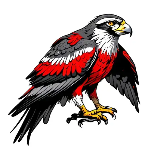 men's thigh tattoo. falcon in red white and black ink.  tattoo design idea