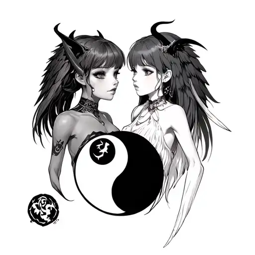 anime demon girl and anime angel girl  in ying and yang symbol tattoo design idea