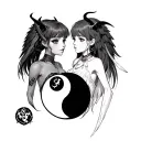 anime demon girl and anime angel girl  in ying and yang symbol tattoo design idea