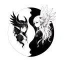 anime demon girl and anime angel girl  in ying and yang symbol tattoo design idea