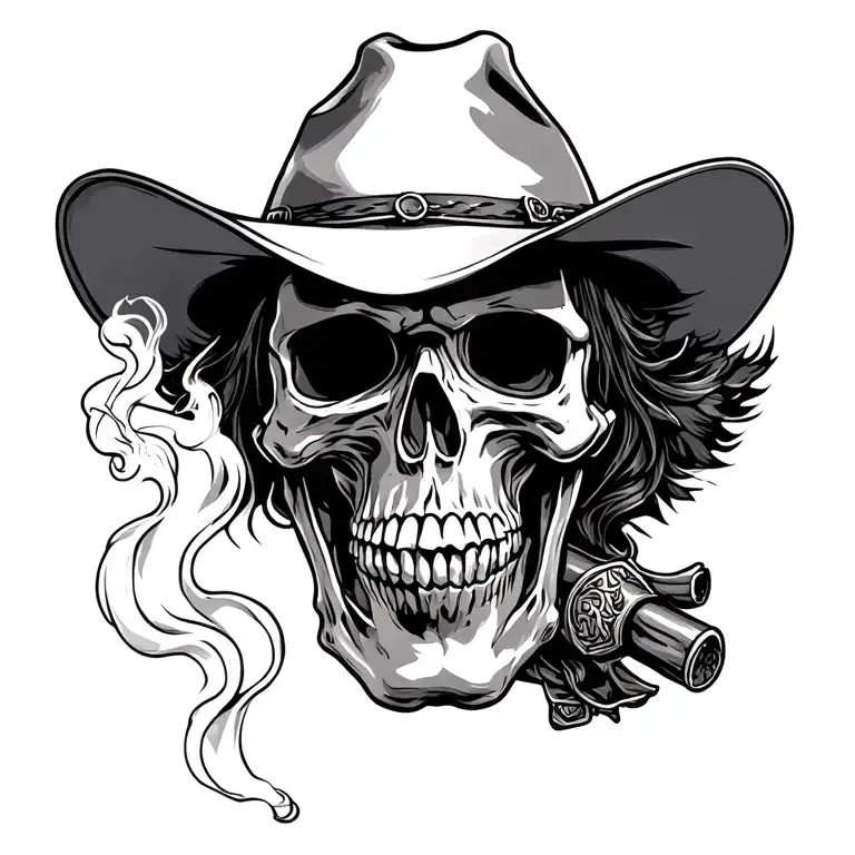 skeleton cowboy head smoking realistc Black tattoo design idea