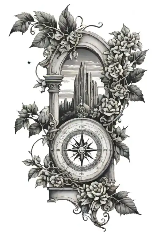 Arch monument with wrapping vines, compass points inside the arch and space sky in the background. tattoo design idea