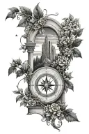 Arch monument with wrapping vines, compass points inside the arch and space sky in the background. tattoo design idea