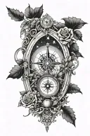 Arch monument with wrapping vines, compass points inside the arch and space sky in the background. tattoo design idea