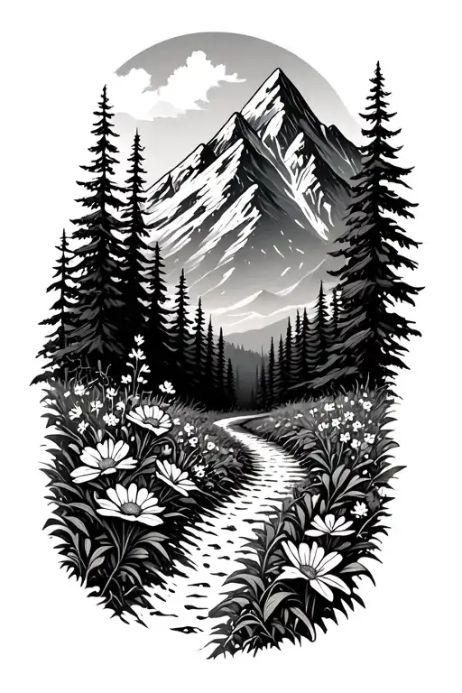 wild flower lined path leading to a mountain peak tattoo design idea