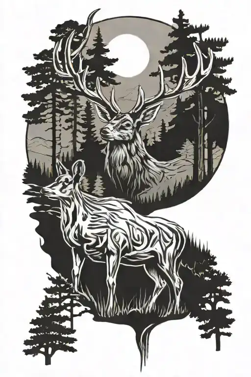 A detailed blackwork tattoo of a majestic mule deer in a forest setting, with a hunter in the background tattoo design idea