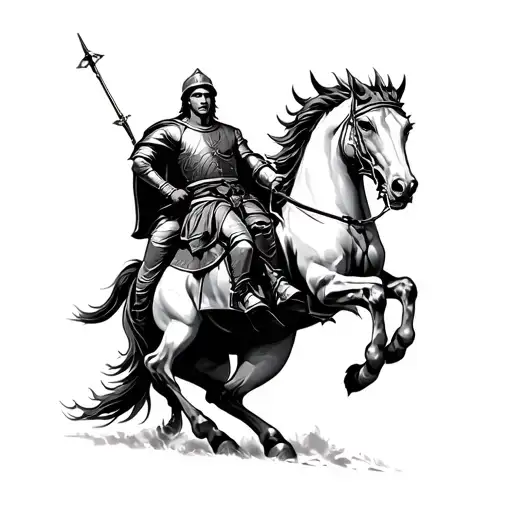 "Back closure for tattooing, St. George mounted on his horse facing a great dragon, black and gray style tattoo design idea