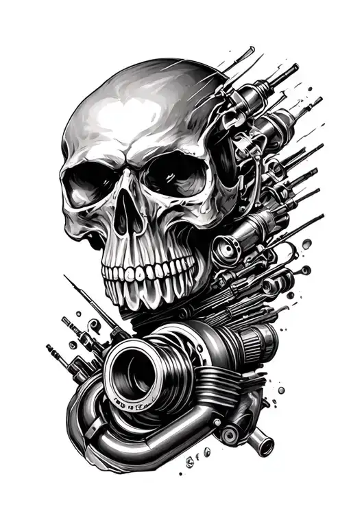 skull face transforming into a piston cylinder with a turbo charger integrated  tattoo design idea