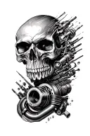 skull face transforming into a piston cylinder with a turbo charger integrated  tattoo design idea