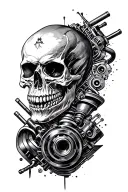skull face transforming into a piston cylinder with a turbo charger integrated  tattoo design idea
