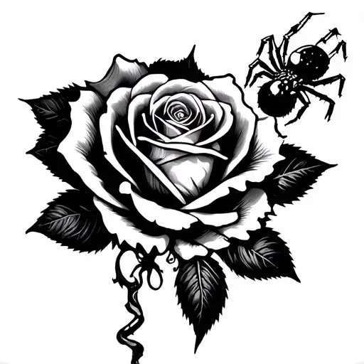 rose on the hand with a spider coming down the finger with a thread tattoo design idea