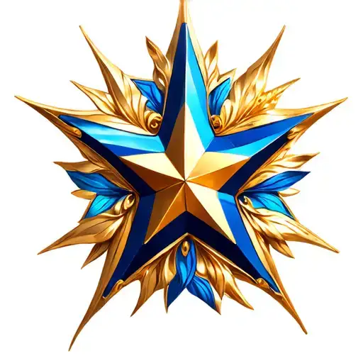elaborate star, blue and gold colors tattoo design idea