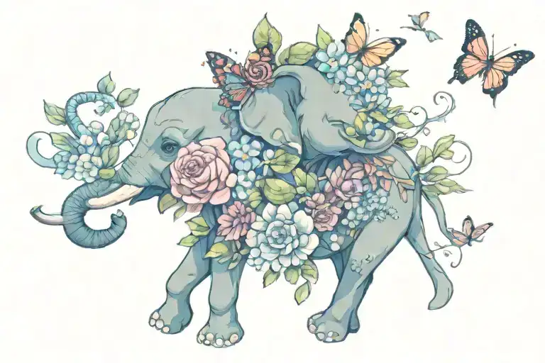 flowers blooming, butterflies flying, an elephant with princess crown tattoo design idea