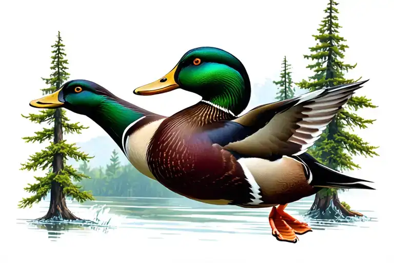 mallard duck landing in cypress trees tattoo design idea